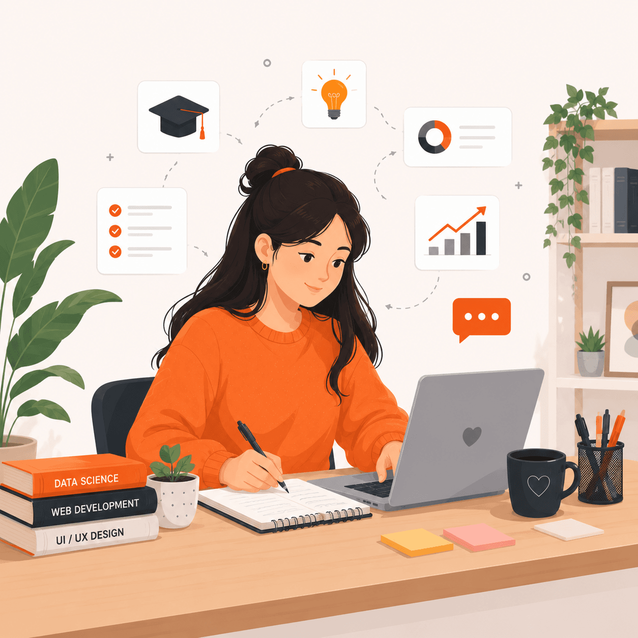 Student studying with laptop and notebook
