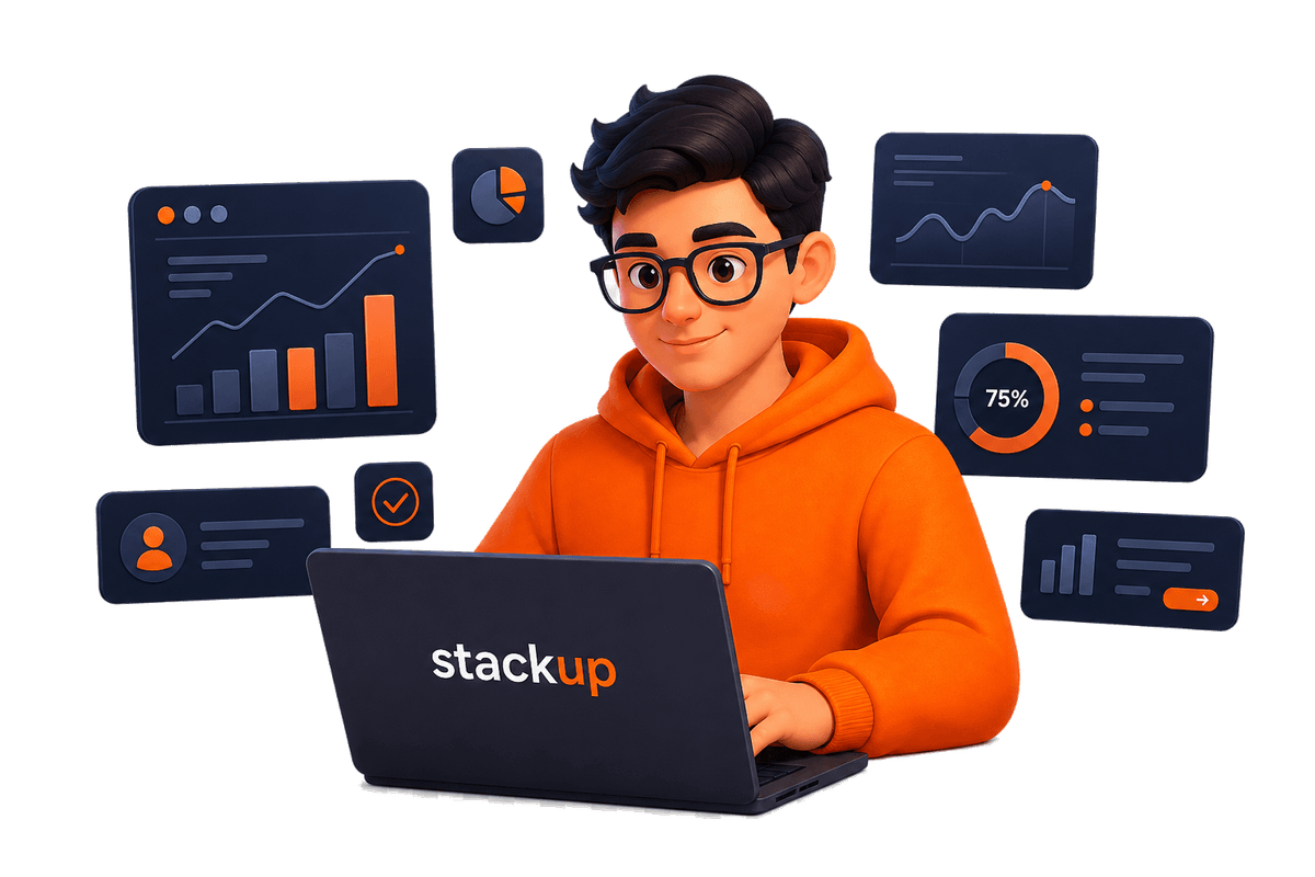 StackUp learner working on a laptop surrounded by analytics dashboards