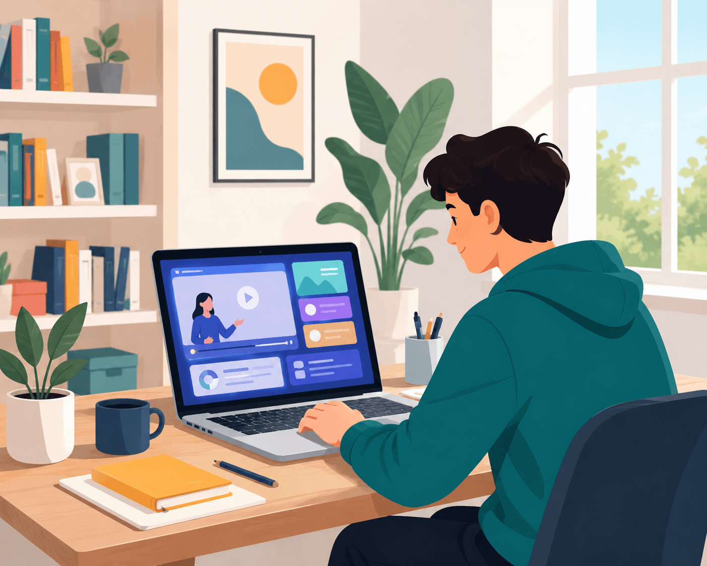 Student learning online with a laptop at a home desk